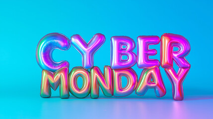 Colorful inflatable CYBER MONDAY balloon letters on vibrant blue background