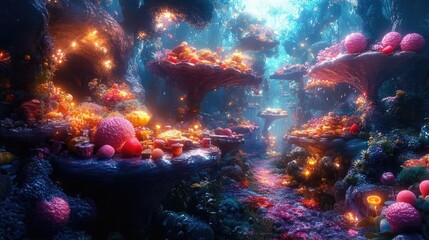 Close-up shot of vibrant fantasy realms intertwined with exquisite culinary creations, illuminated by ethereal lighting, bursting with color and imagination