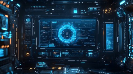 abstract futuristic background of blue glowing technology sci fi frame hud ui. 