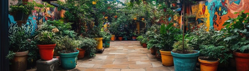 Eye-level shot of a whimsical container garden, graffiti-covered pots, lush greenery, vivid urban environment, lively and creative atmosphere