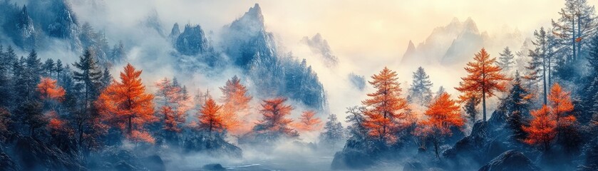 Eye-level view of a vibrant forest engulfed in a swirling mist, digital art, climate phenomena harmoniously intertwined, enchanting atmosphere