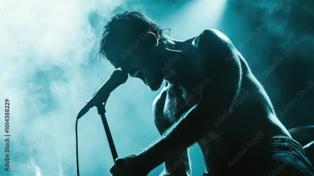 Sticker A passionate singer performs on stage, engulfed in dramatic lighting and smoke.