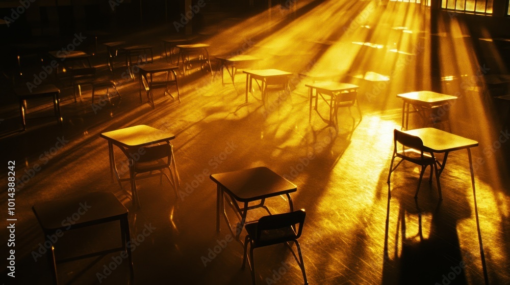 Poster Sunlight streaming through windows illuminates empty classroom desks, creating a serene atmosphere.