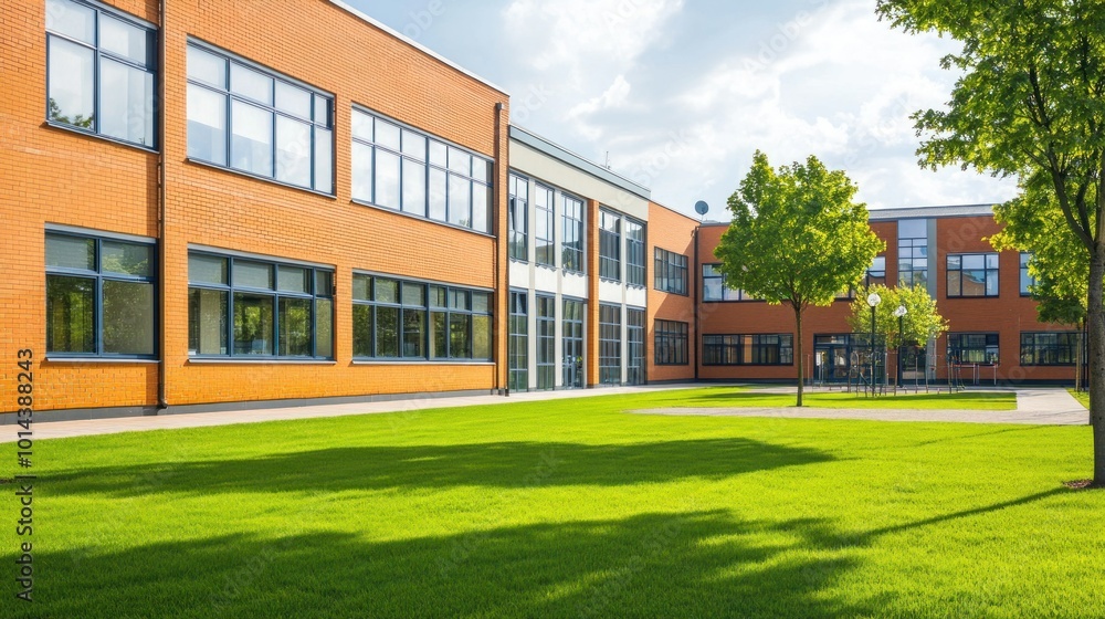 Wall mural Modern school building with a green lawn and trees under a bright sky.