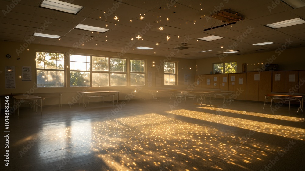 Poster a sunlit classroom with sparkling dust motes and warm light creating a serene atmosphere.