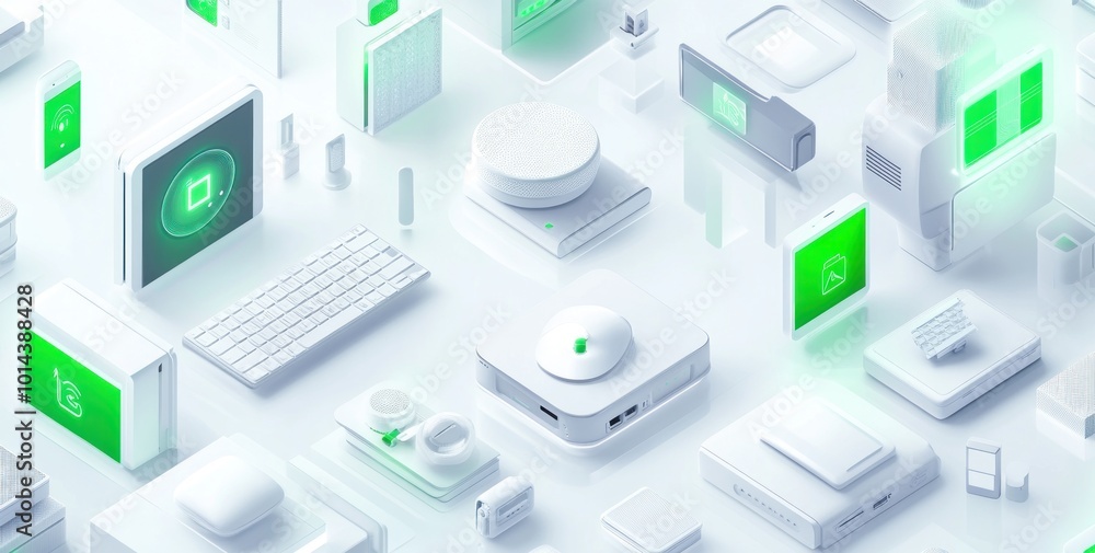 Aufkleber a digital illustration of various tech devices and interfaces in a minimalist style.