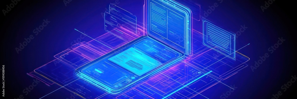 Poster a futuristic smartphone design with a glowing interface and digital elements.