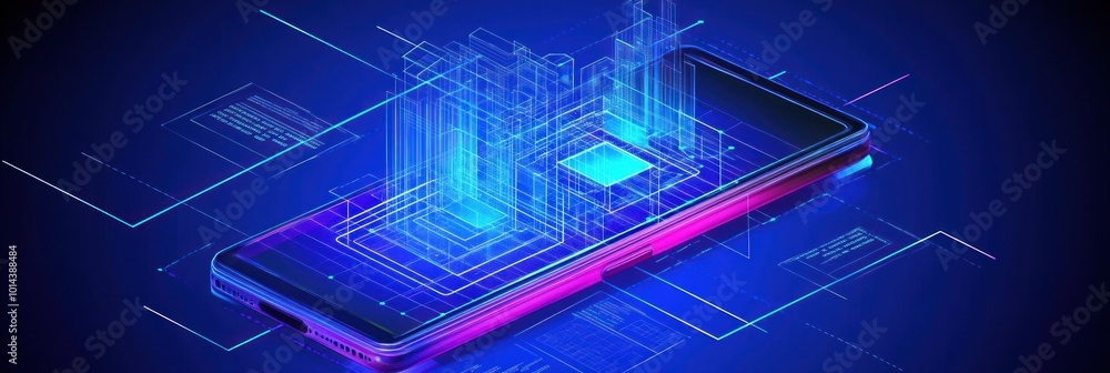 Poster a futuristic smartphone design with digital elements and glowing circuitry.