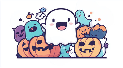 Fototapeta premium Cute Kawaii Ghost Surrounded by Scary Pumpkins - Halloween Vector T-Shirt Design with Adorable Doodle Art and Pastel Colors for a Fun, Spooky Look!