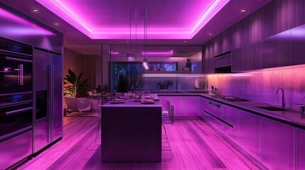 Futuristic VR kitchen, advanced tech meets culinary creativity, vibrant colors and sleek design, immersive experience