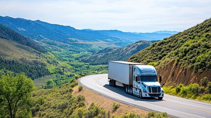 A truck navigates a winding road through a lush mountainous landscape.