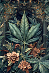 Fototapeta premium Victorian tapestry design featuring a central cannabis leaf surrounded by ornate floral patterns . AI generative.