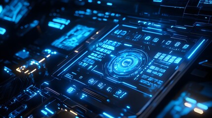 Fototapeta premium abstract futuristic background of blue glowing technology sci fi frame hud ui. 