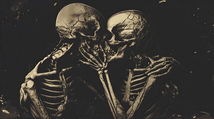 Skeletal Lovers in Passionate Embrace Muted Sepia Tones Moody Chiaroscuro Lighting