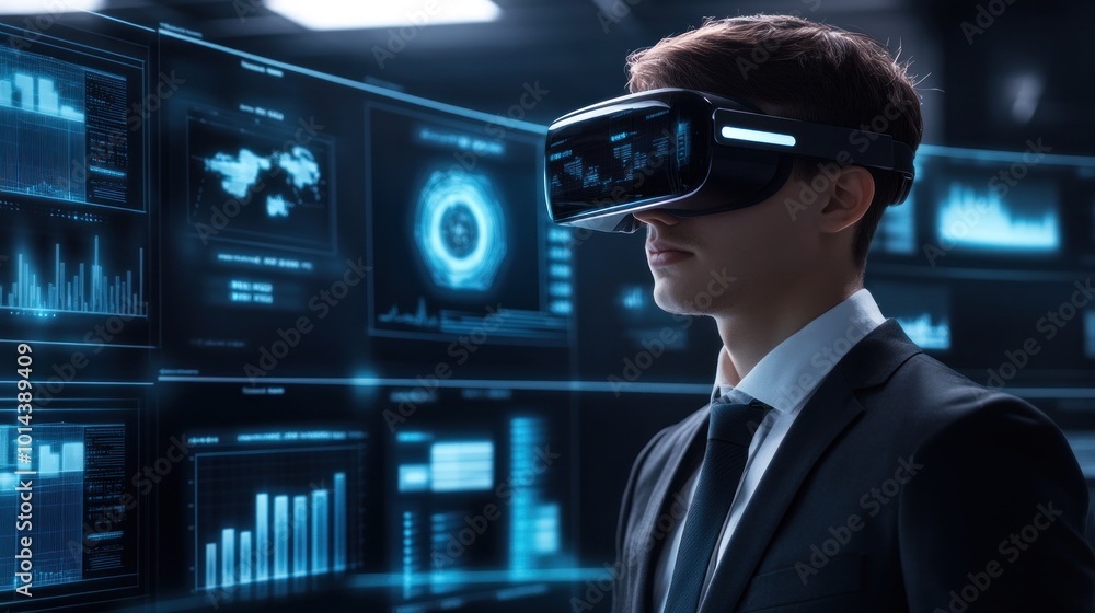 Poster a man in a suit using a virtual reality headset in a high-tech environment.
