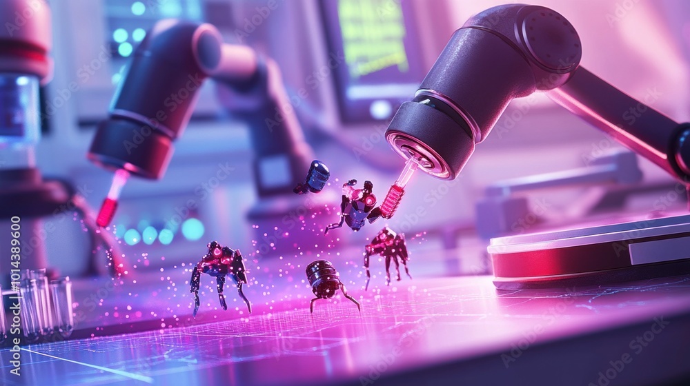 Poster a futuristic laboratory scene with robotic arms interacting with miniature robots.