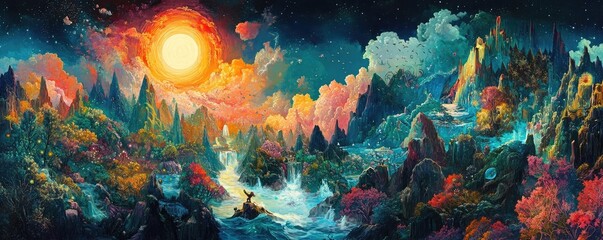 Panoramic view of vibrant fantasy world, animals experiencing whimsical isekai adventures, imaginative landscapes, vibrant colors, enchanting creatures