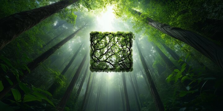 Floating QR code made of tree branches in a dense forest with sunlight filtering through