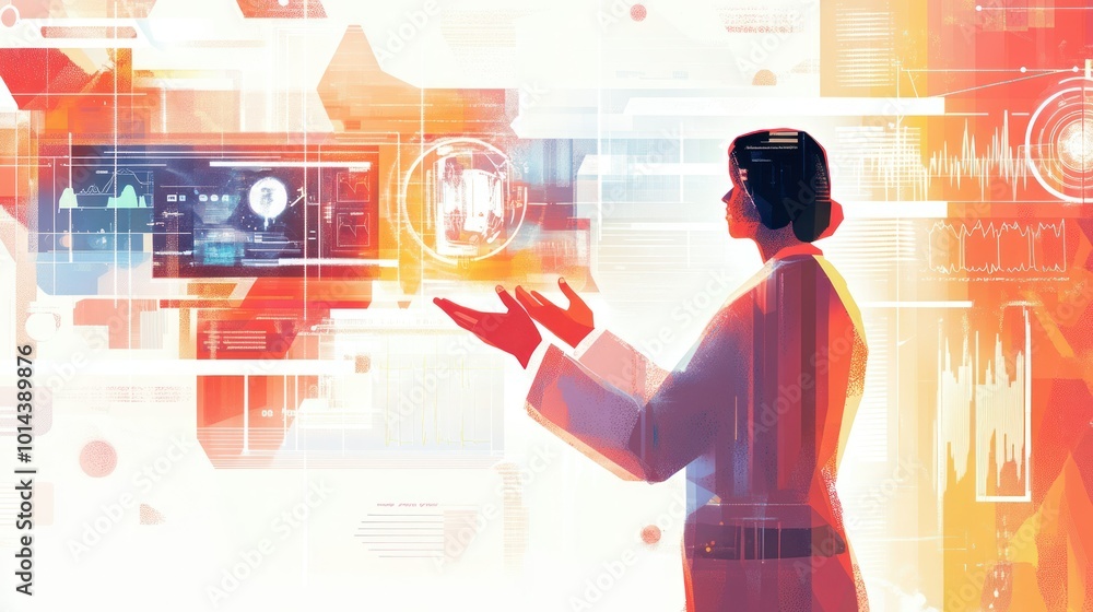 Poster a scientist interacts with digital data and technology in a vibrant, futuristic environment.