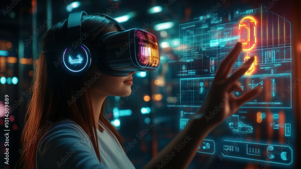 Poster a woman using virtual reality technology to interact with digital interfaces.