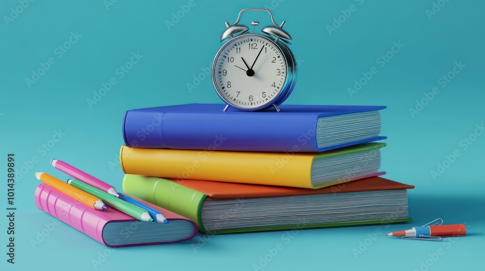 Poster a stack of colorful books with a clock and pens, symbolizing study and organization.