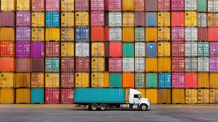 A truck parked in front of a colorful stack of shipping containers at a port.