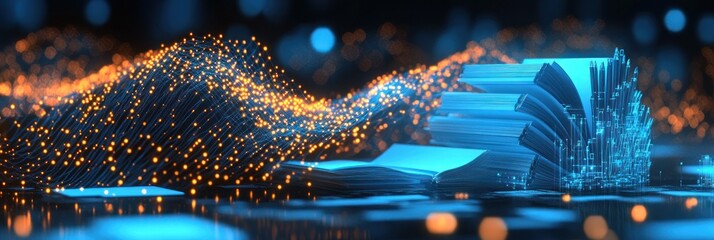 Abstract visualization of data with glowing elements and stacked documents.