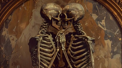 Tender Macabre Dance of Devotion   Romantic Intertwined Skeletons in Delicate Embrace