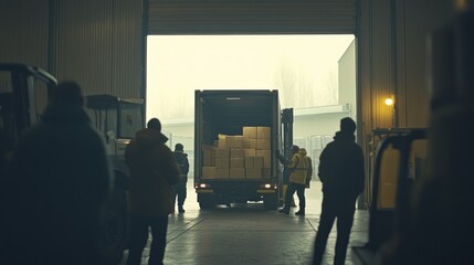 A truck unloading boxes in a warehouse with workers present.