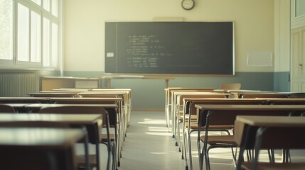 A classroom setting with empty desks and a chalkboard, ready for learning.
