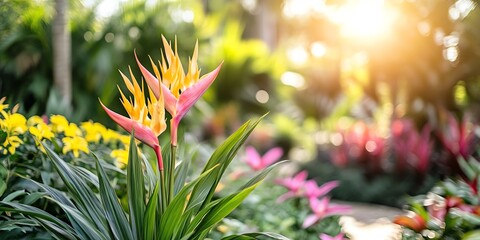 Two orange and pink Bird of Paradise flowers with green leaves in a garden with a blurred background.