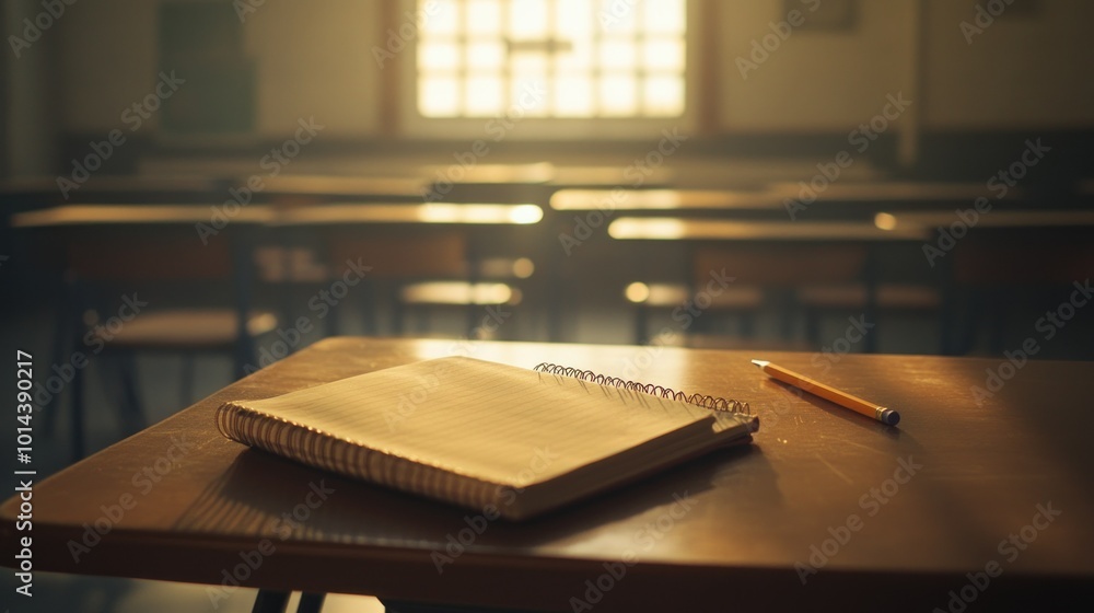 Poster a quiet classroom scene with a notebook and pen on a desk, illuminated by soft light.