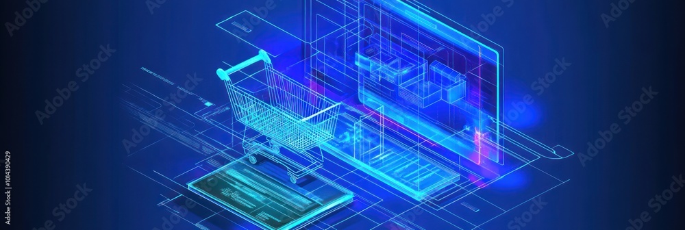 Poster digital shopping cart and interface design in a futuristic style.