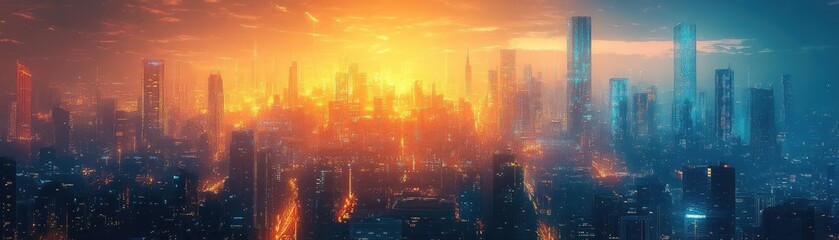 Whimsical cityscape glimmering beneath a kaleidoscope of innovative lights, where urban life meets fantasy realms
