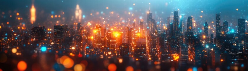 Fototapeta premium Whimsical cityscape glimmering beneath a kaleidoscope of innovative lights, where urban life meets fantasy realms