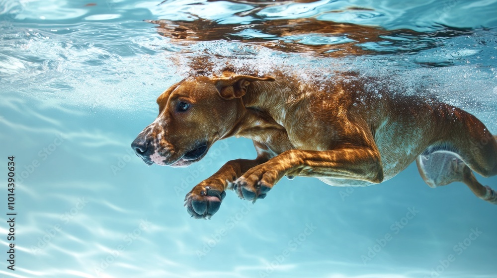 Wall mural A dog swimming underwater, showcasing its agility and playful nature in a pool.