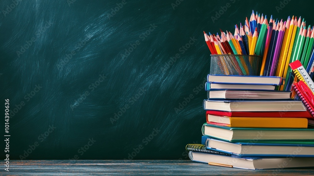 Poster a stack of colorful books beside a container of pencils in front of a chalkboard.