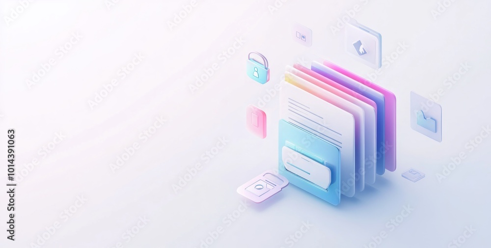 Aufkleber abstract illustration of digital documents with icons representing security and organization.