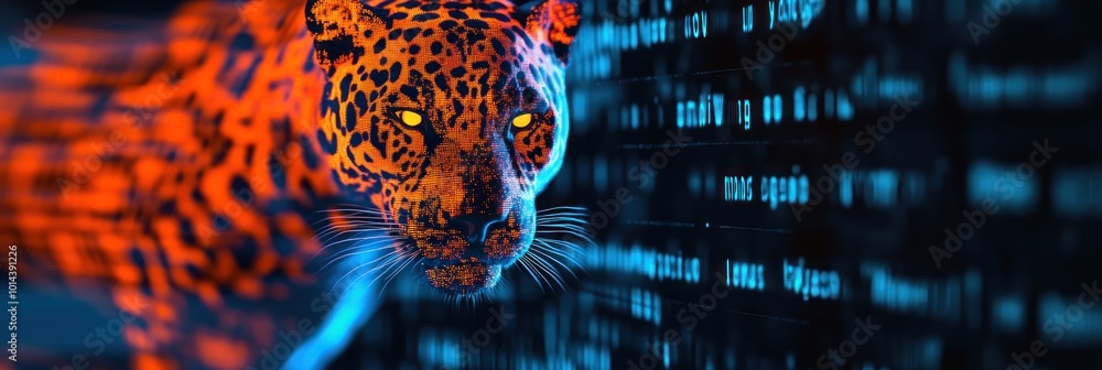 Poster a digitally rendered jaguar against a backdrop of glowing binary code.