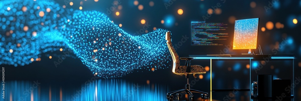 Aufkleber a modern workspace featuring a glowing computer and abstract digital elements.