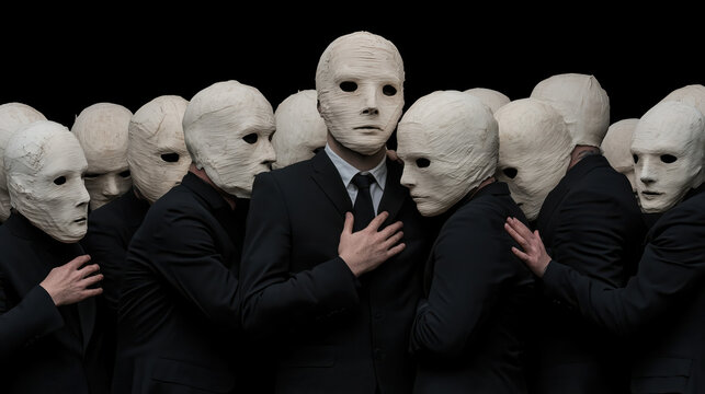 This features group of individuals wearing featureless masks, creating surreal and eerie