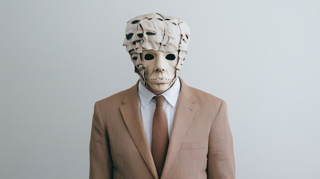 man in suit wearing unique mask with multiple faces, creating surreal effect