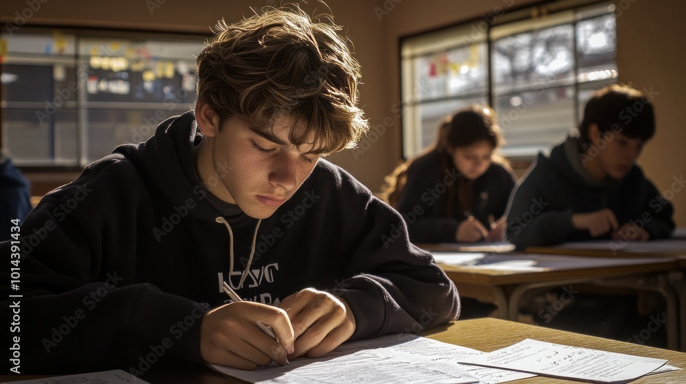 Poster students focused on their work in a classroom setting during an exam.
