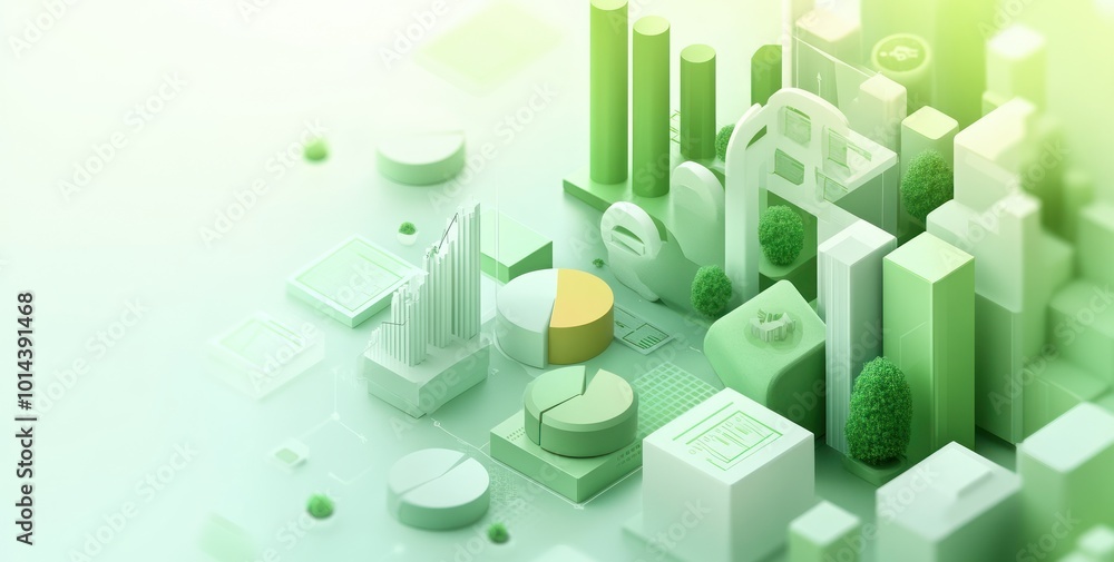 Poster a 3d illustration of data visualization elements in green tones, representing analytics and growth.
