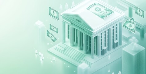 Fototapeta premium A stylized bank building with floating dollar bills, representing finance and investment.
