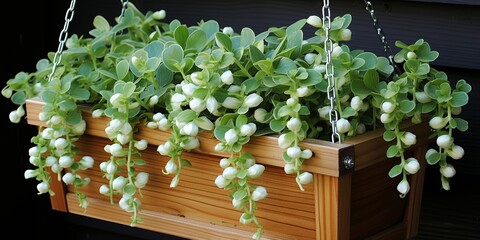 A cascading display of delicate white blossoms adorns a rustic wooden planter, suspended by a simple chain, creating a vibrant and inviting scene of floral elegance.