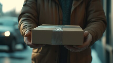 Fototapeta premium A person holds a sealed package in their hands, ready for delivery or pickup.