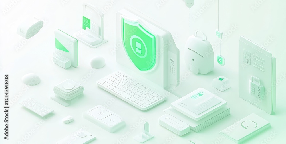 Poster a minimalist illustration of tech devices and tools, emphasizing security and connectivity.