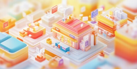 A colorful, stylized illustration of a modern retail space with various products and signage.