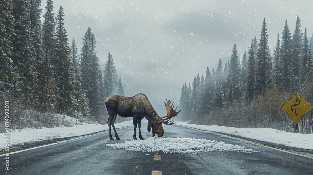 Canvas Prints A moose stands in the middle of a snow-covered road, surrounded by trees in a winter landscape.